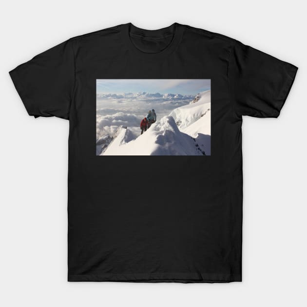 Climbing the thin ridge to the summit of Monte Rosa (4634m, Italian Alps) T-Shirt by mjoncheres